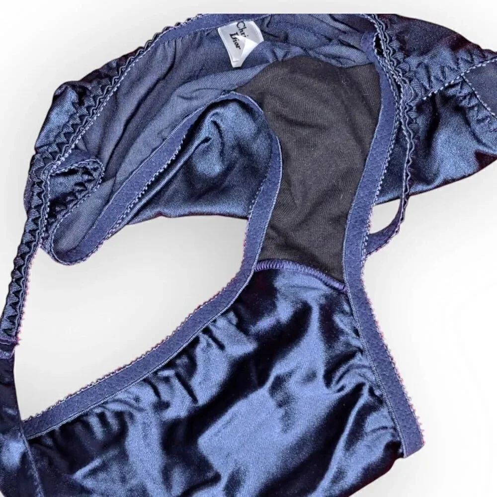 Christian Dior Vintage Satin Hi Cut Panties Navy Blue size Large - Picture 2 of 6